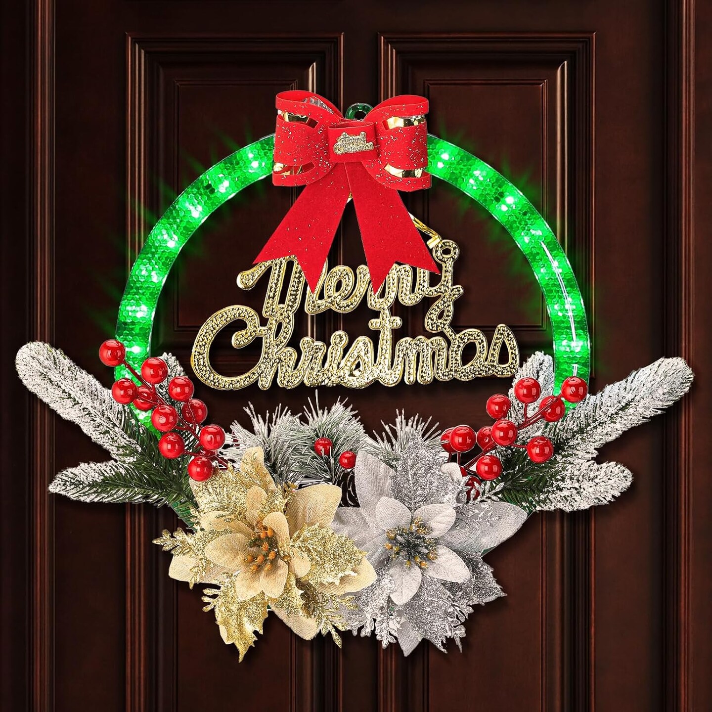 Christmas Wreath with LED Lights, 11&#x27;&#x27; Light Up Christmas Wreath Decorations Indoor, Flowers Picks, Green Prelit Small Reef Garland for Front Door, Windows, Battery Operated/Charging Port