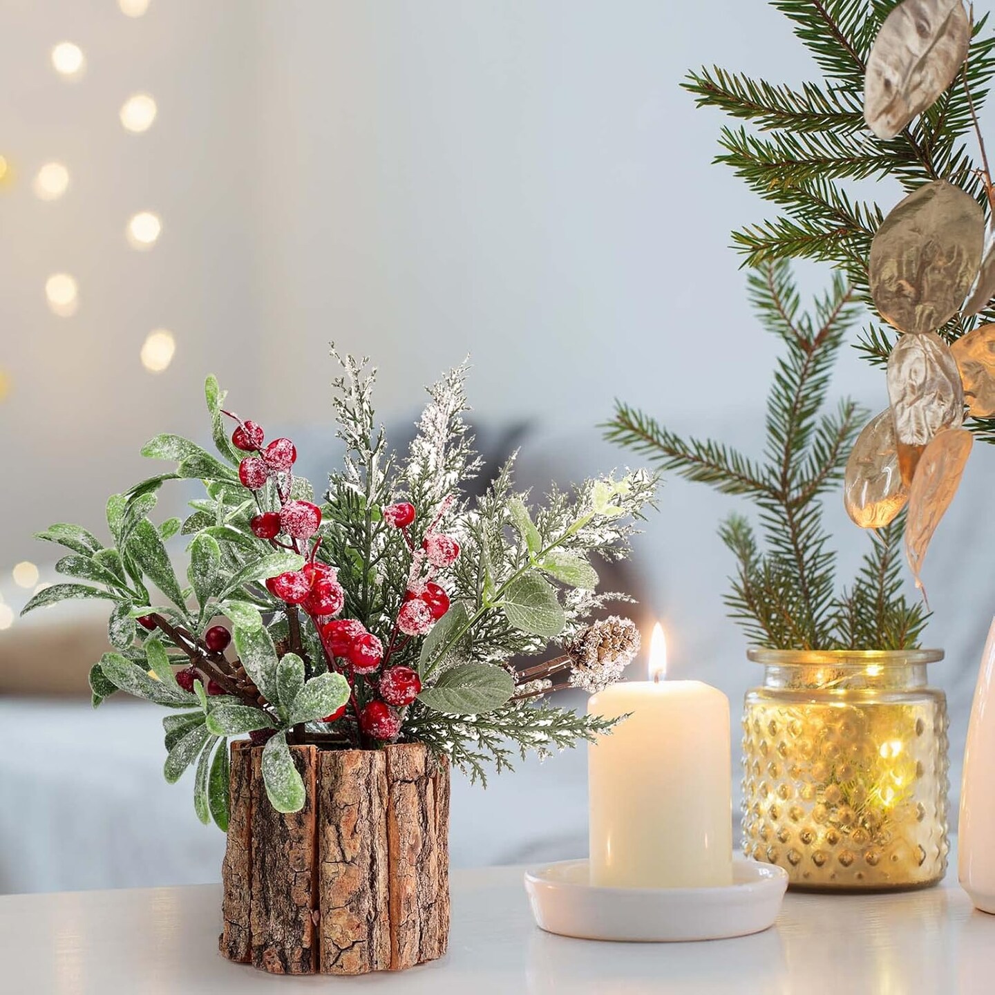 Potted Plants Christmas Picks and Sprays Fake Greenery Pine Needles Branches Red Berry Picks Stems for Home Office Christmas Decor