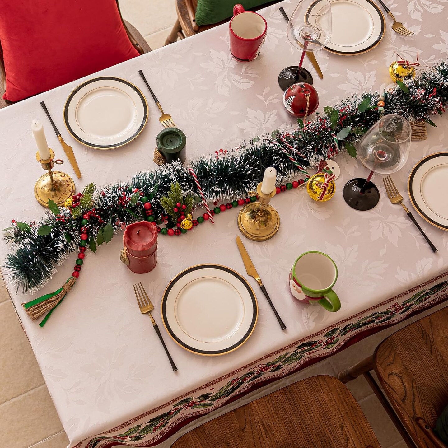 Christmas Jacquard Rectangle Tablecloth, Winter Holly Table Cloth, Heavy Weight Fabric Table Cover for Xmas Holiday, Dining, Party Decor, DHHolly 60 x 84 Inch