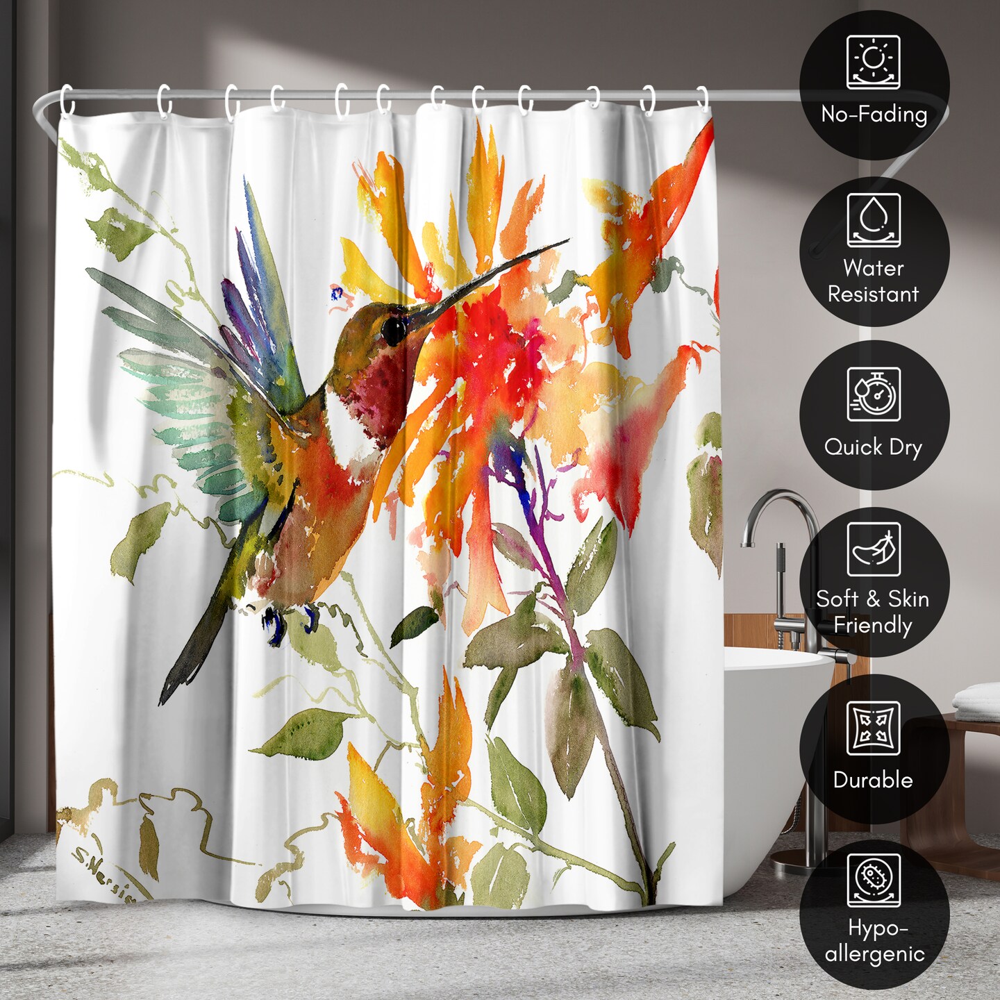 Americanflat 71x74 Hummingbird and Orange Flowers Shower Curtain - 100% Polyester Shower Curtain