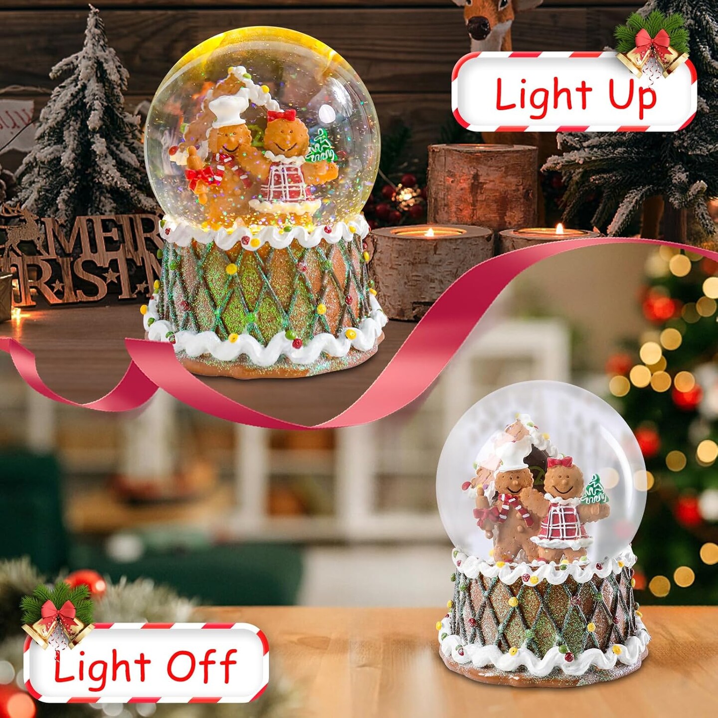 Christmas Snow Globes, Snow Globes Christmas with Music, Gingerbread Man Snow Globe, Cake Snowglobe Color Changing LED Lights Birthday Gift Decor for Kids Girls and Boys