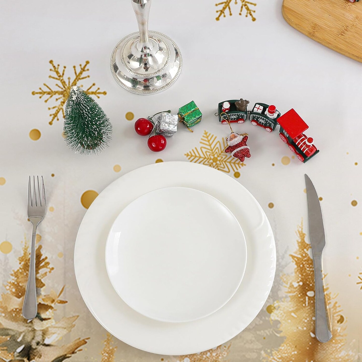 Christmas Tablecloth 60x84 Inches for Rectangle Tables - Truck and Snowman Christmas Decor - Water Resistant Gold Snowflake Xmas Table Cloth, Chrismtas Party Decorations for Kitchen, Home