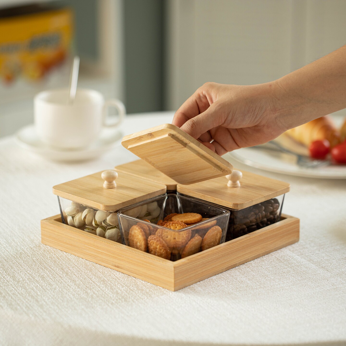 Basicwise Set of Glass Jars with Bamboo Lids and Wooden Tray &#x2013; Charcuterie, Snack Organizer, and Fruit Platter for Party, Candy Jars, Cookies, Nuts, Fruits and Snack Box
