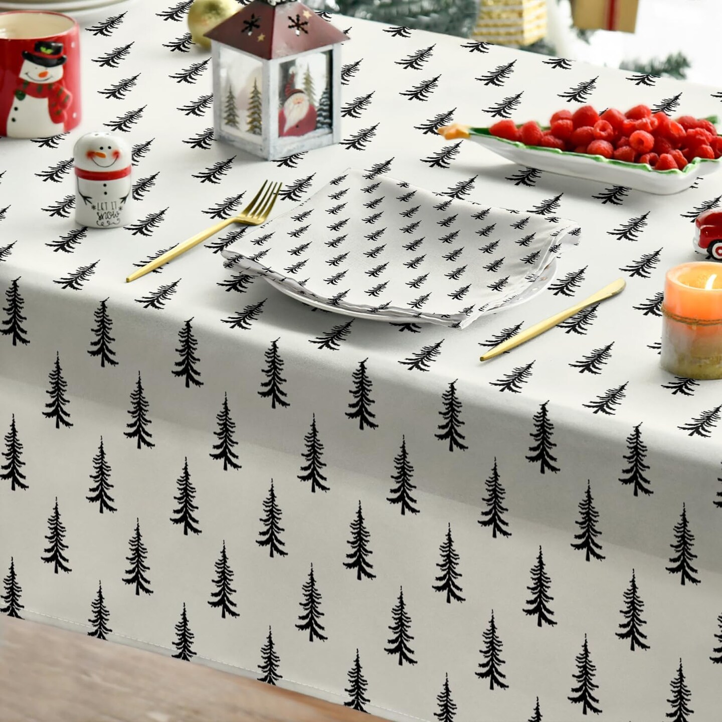 Christmas Tablecloth 60×84 Inch Rectangular, Trees Black White Boho Washable Table Cover for Party Picnic Dinner Decor