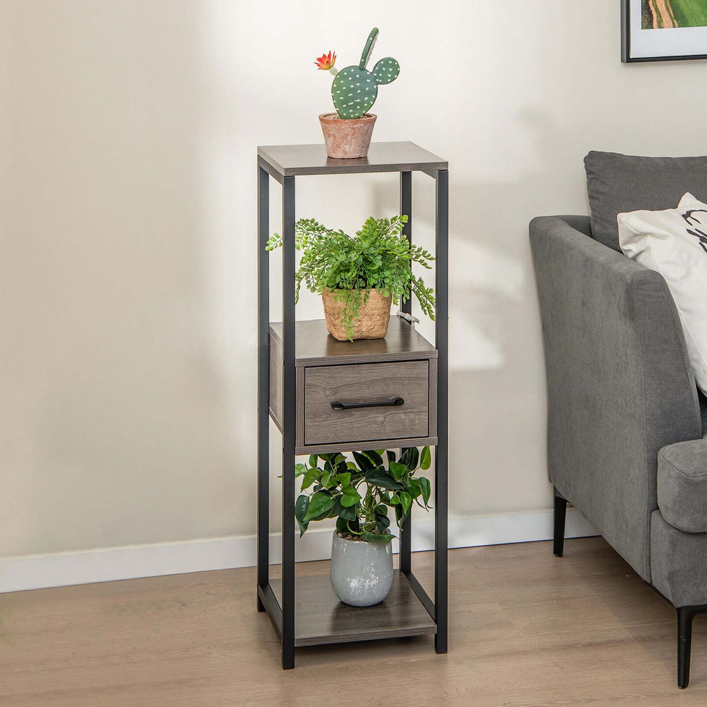 Costway 1/2 Pack 3 Tier Tall Metal Plant Stand Indoor Plant Table with Drawer Anti-tipping Devices