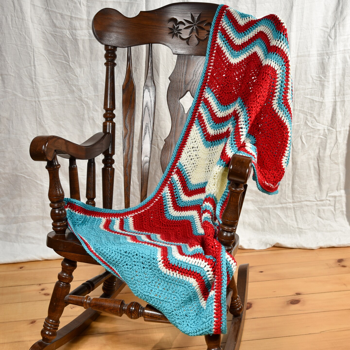 Handmade Afghan Throw Blanket Red 2024 White and Blue