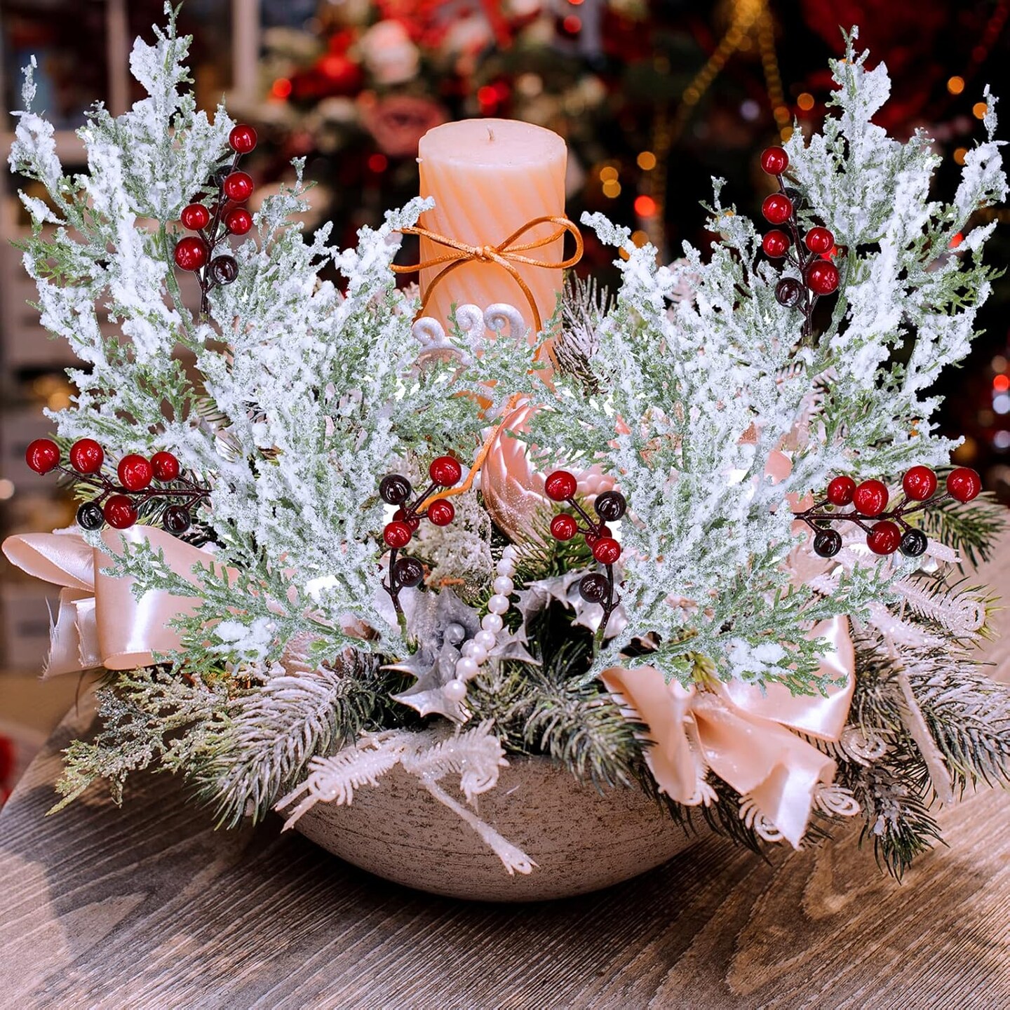 6 Pcs Snowy Artificial Cedar Picks with Red Berries Frosted Faux Cedar Sprays Christmas Cedar Greenery Branches Stems for Christmas Tree Wreath Floral Arrangement Vase Winter Holiday Décor