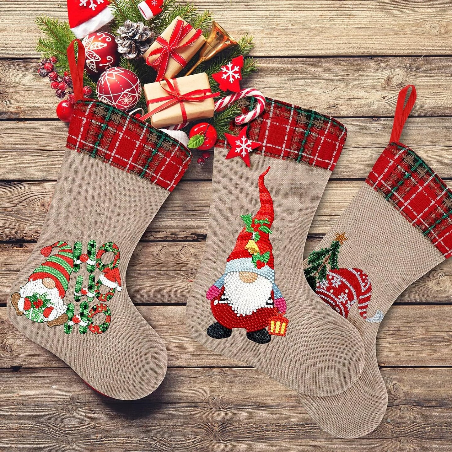 3 Pcs Christmas Diamond Art Stockings 5D DIY Gnomes Diamond Art Christmas Candy Storage Fireplace Hanging Stocking Personalized Present Stockings Christmas Gnomes Decorations for Holiday Favor