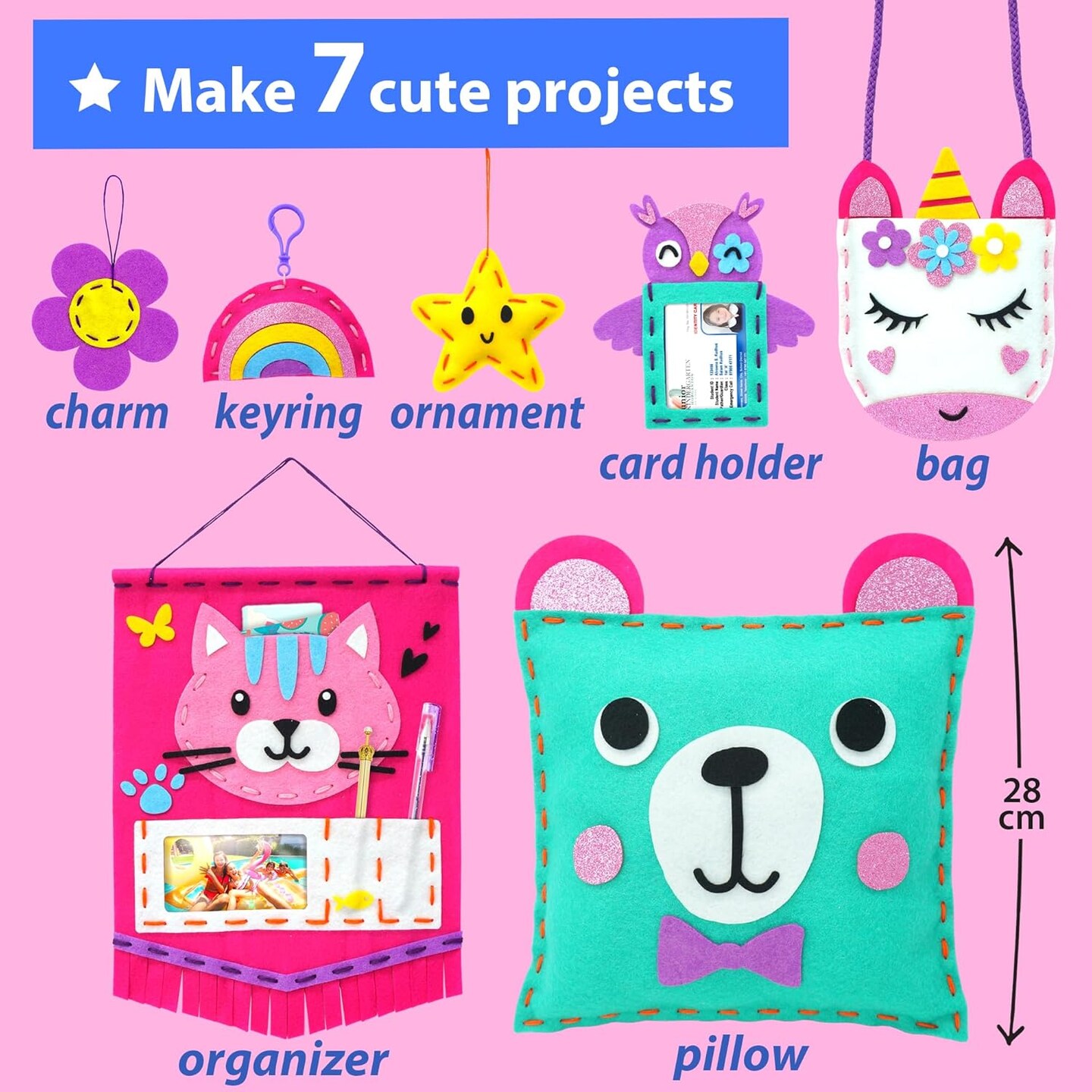 My First Sewing Kit for Beginner Kids Arts & Crafts, 7 Easy DIY Projects of Stuffed Animal Dolls and Plush Pillow Craft, Instructions & Felt, Gift for Girls, Boys, Learn to Sew, Embroidery