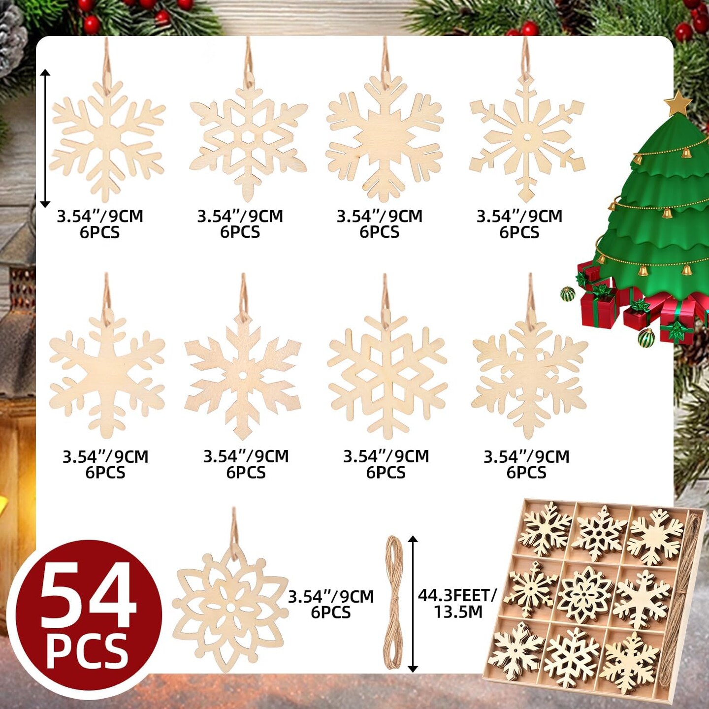 Snowflake Ornaments, 54PCs Unfinished Wooden Snowflakes Cutouts for DIY Christmas Decorations, Neutral Christmas Decor, Boho Xmas Tree Hanging Embellishments for Home Office (54 pcs)