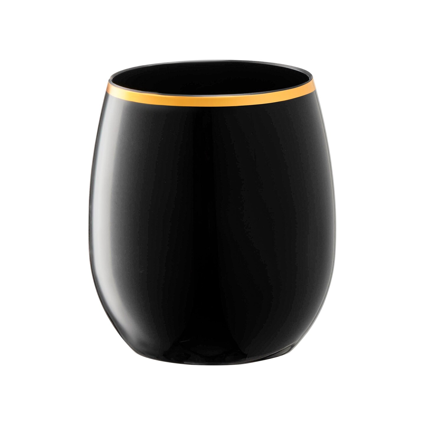 Black with Gold Elegant Stemless Plastic Wine Glasses - 12 oz. (64 Glasses)