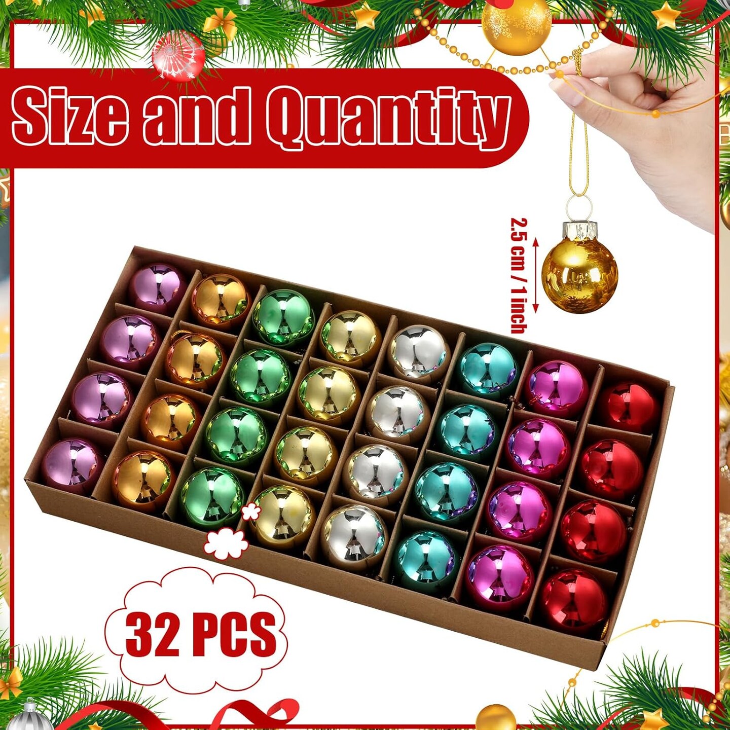 32 Pieces 1 Inch Mini Glass Christmas Ornaments Balls Shiny Christmas Balls Mini Christmas Tree Ornaments Hanging Tiny Colorful Ball Decoration Pendant for Xmas (Multi Colors)
