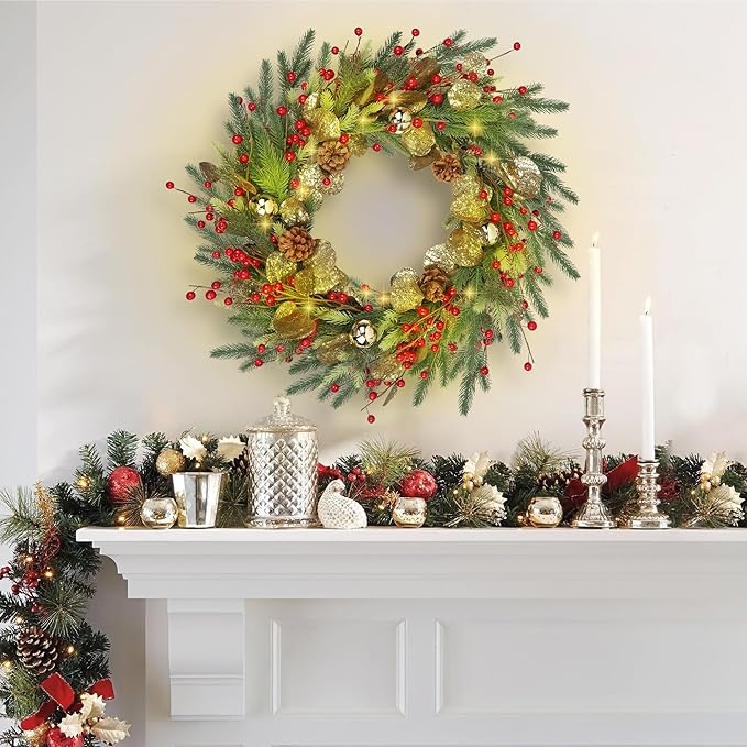 Christmas Wreath with Lights, 22" Battery Operated Lighted Wreath with Timer for Front Door, Pre-lit Artificial Xmas Wreaths with Red Berries, Gold Leaf, Christmas Decorations for Home Window