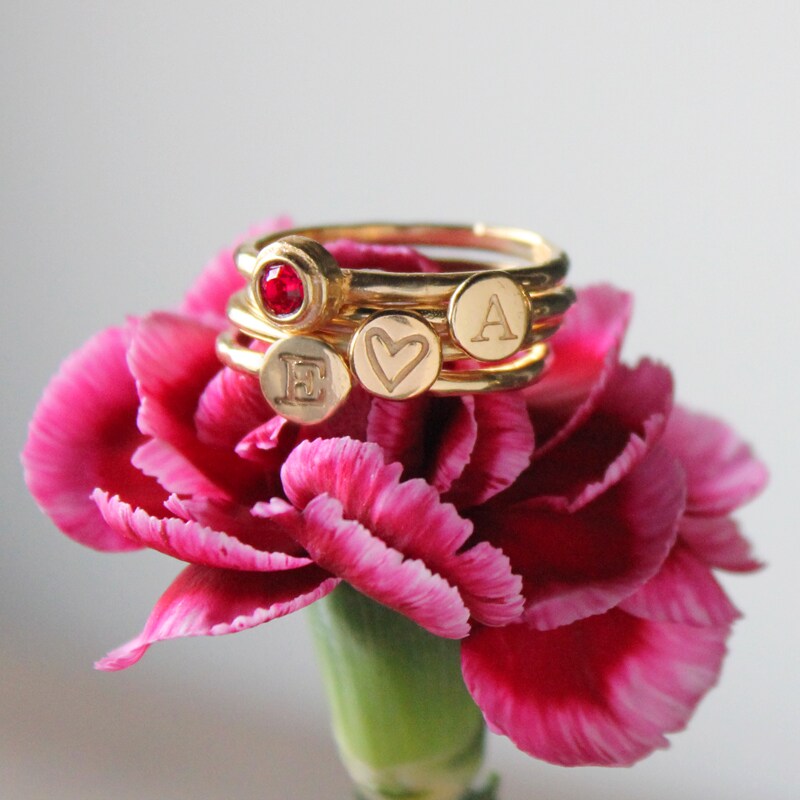 Design your Own Set of Gold Stackable Rings | Stacking rings with Initial and Birthstone in 24K Gold Vermeil | Rings for Mom 357996705111851010
