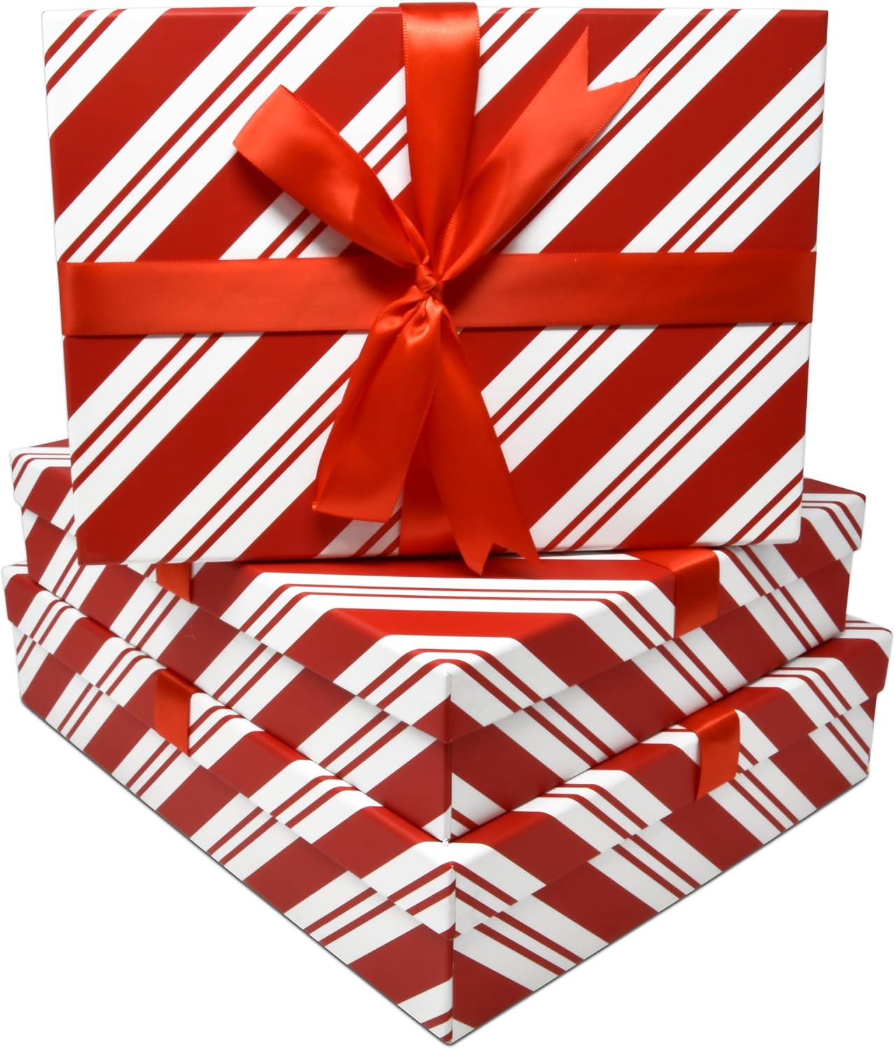 Christmas Nesting Gift Boxes Rectangle 3 Pack Peppermint Candy Cane striped Design Christmas Stacked Apparel Box with Lids in Assorted Sizes for Gift Giving Holiday Decorative Gifts Present Wrapping