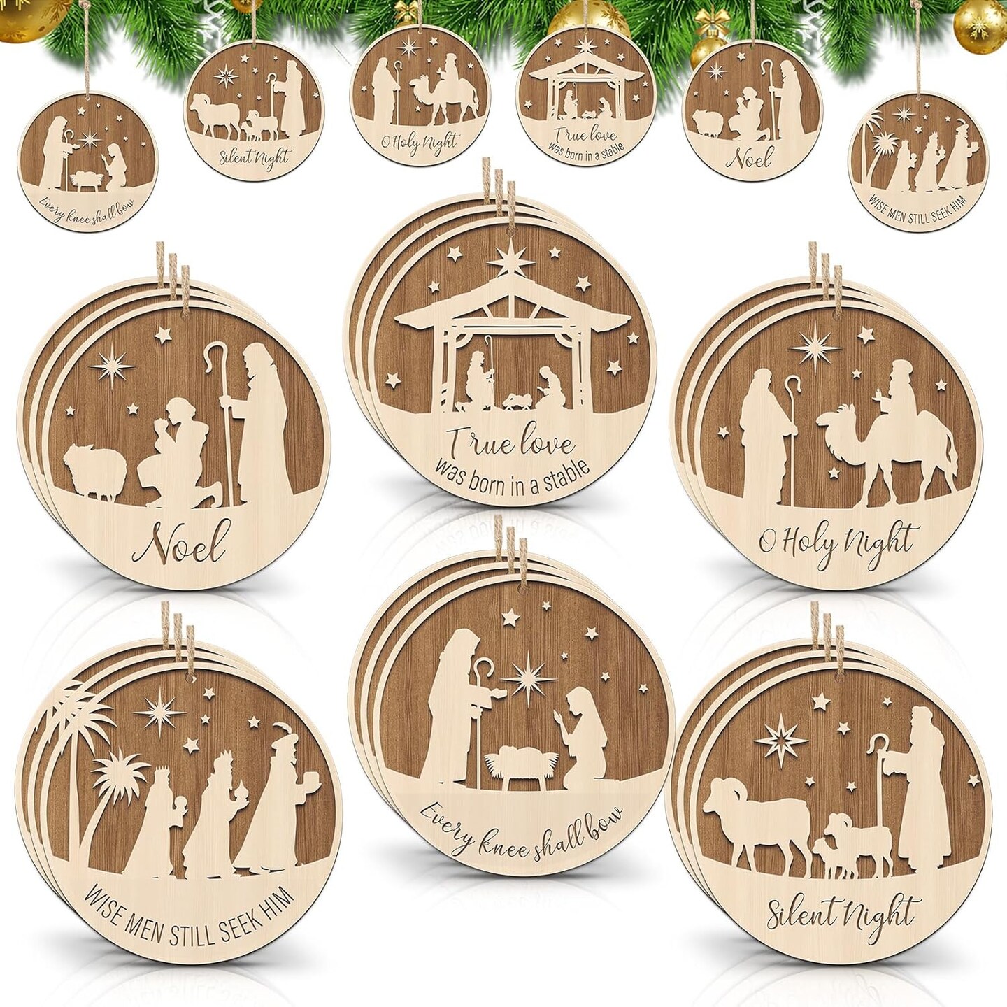 24 Pieces Christmas Nativity Scene Ornaments Round Christmas Hanging Tags Farmhouse The Birth of Jesus Christmas Tree Decorations Religious Gift for Family Home Xmas Decor