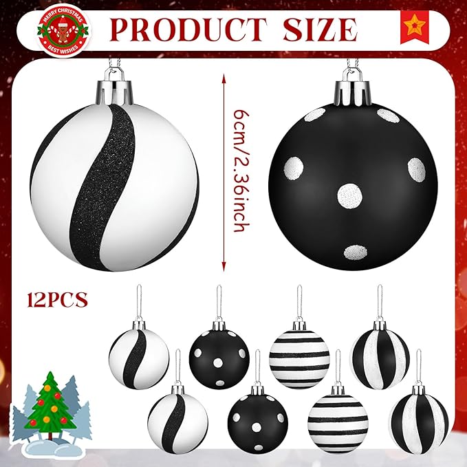 Black and White Christmas Hanging Balls Red Green Glittering Balls Elf Plastic Balls for Xmas Tree Decoration(Fresh Style)