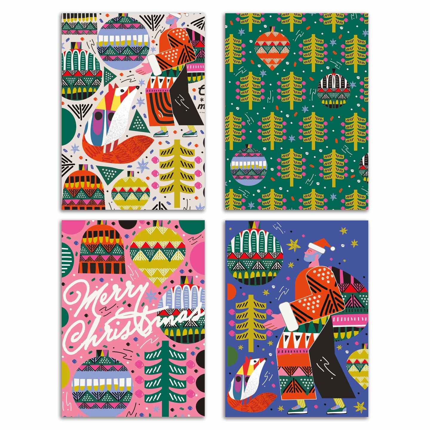 Folk Art Christmas Cards - 24-Pack Holiday Greeting Cards with 4 Vibrant and Colorful Designs, Perfect for Sharing Merry Christmas &#x26; Holiday Wishes, Blank Inside for Personalized Messages - Unique and Artistic Stationery Set