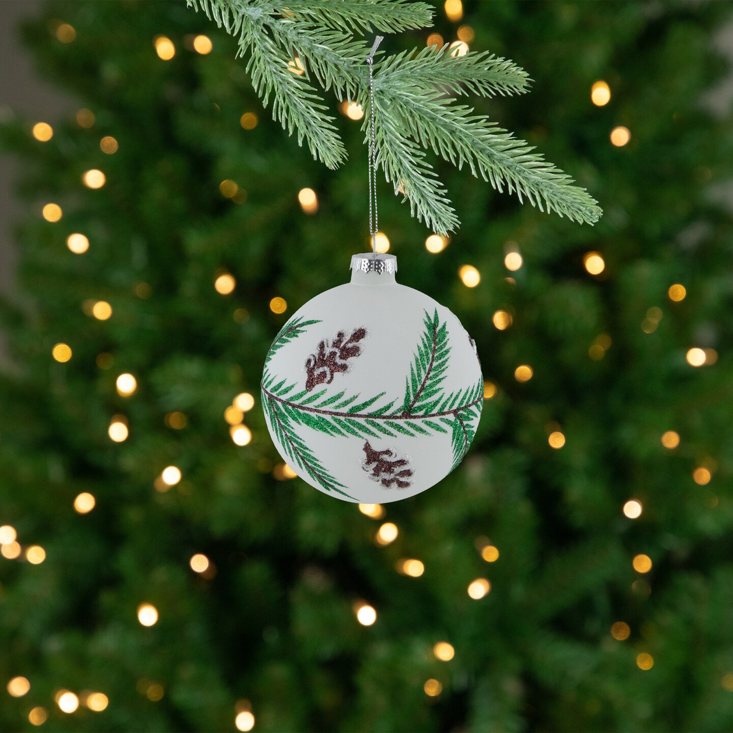 Northlight Glittered Glass Ball Christmas Ornaments with Pine Cones  - 4&#x22; (100mm) - 4ct