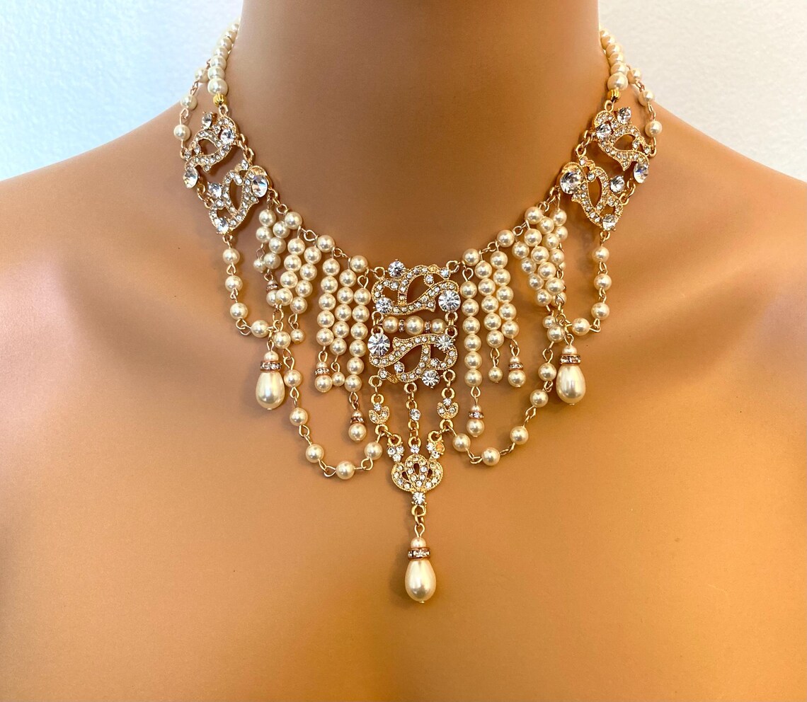 Pearl Wedding Necklace with rhinestone focal Georgian, Victorian