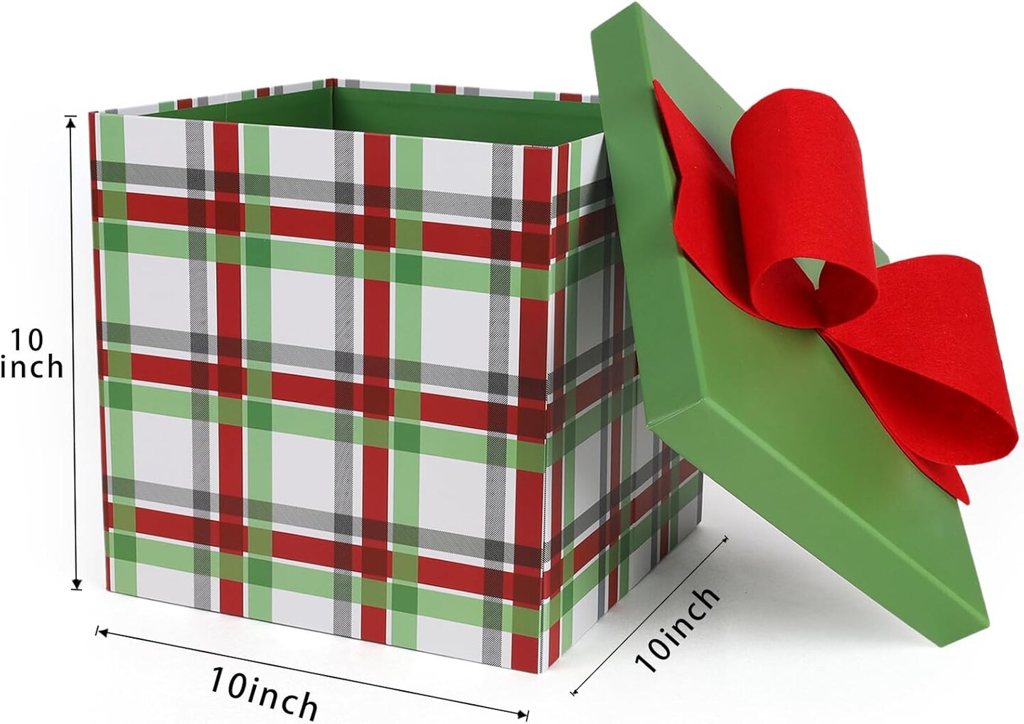 Large Christmas Gift Boxes with Lids,10x10x10 Inches Plaid Design Folding Square Gift Boxes for Christmas Decorative,Xmas,Present,Storage,Red and Green