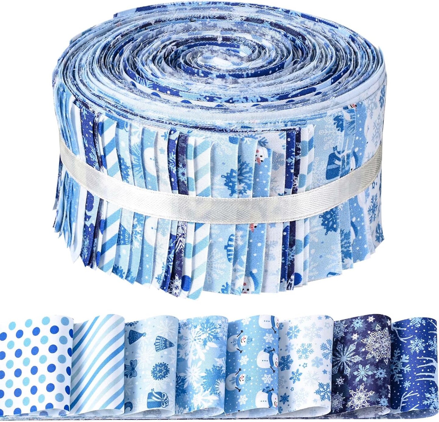 40 Pcs Winter Christmas Snowflakes Cotton Jelly Roll Blue and White Snowflake Reindeer Fabric Strips for Quilting Crafting Snowman Precut Patchwork for Sewing DIY Crafts Cotton Fabric Bundles Strips