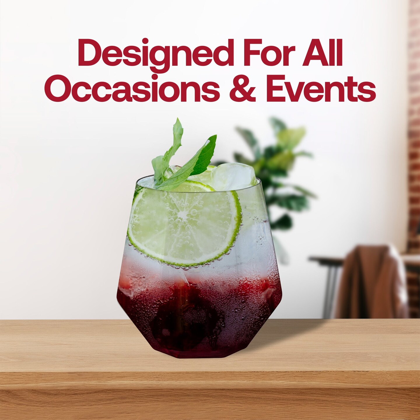 Clear Hexagonal Stemless Plastic Wine Goblets - 12 oz. (64 Glasses)