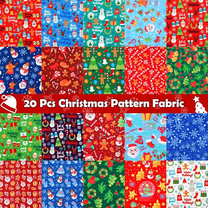 20 Pieces Christmas Fabric Fat Quarters Christmas Fabric Bundles Precut Fabric Squares Christmas Tree Snowflake Printed Fabric Scraps for Dress Apron DIY Crafts (Vivid Pattern, 10 x 10 Inch)