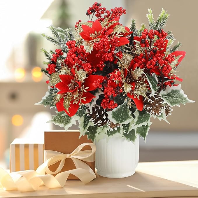 Table Centerpieces Fake Christmas Flowers Bouquets Floral Arrangement Pine Branches with Holly Berry Stems for Winter Xmas Holiday Home Decor