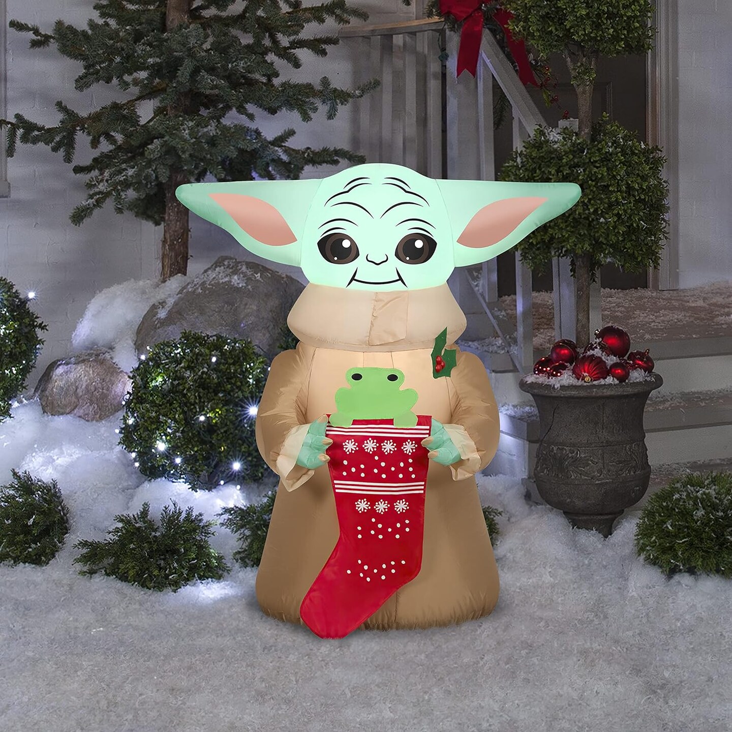 3.5' Gemmy Airblown Inflatable Christmas Star Wars Baby Yoda w/ Frog in Stocking Yard Decoration 116019