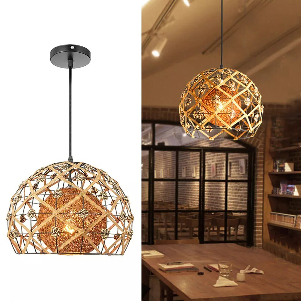 Vintage Style Natural Rattan Shade Ceiling Light Fixture Hanging Pendant Lamp