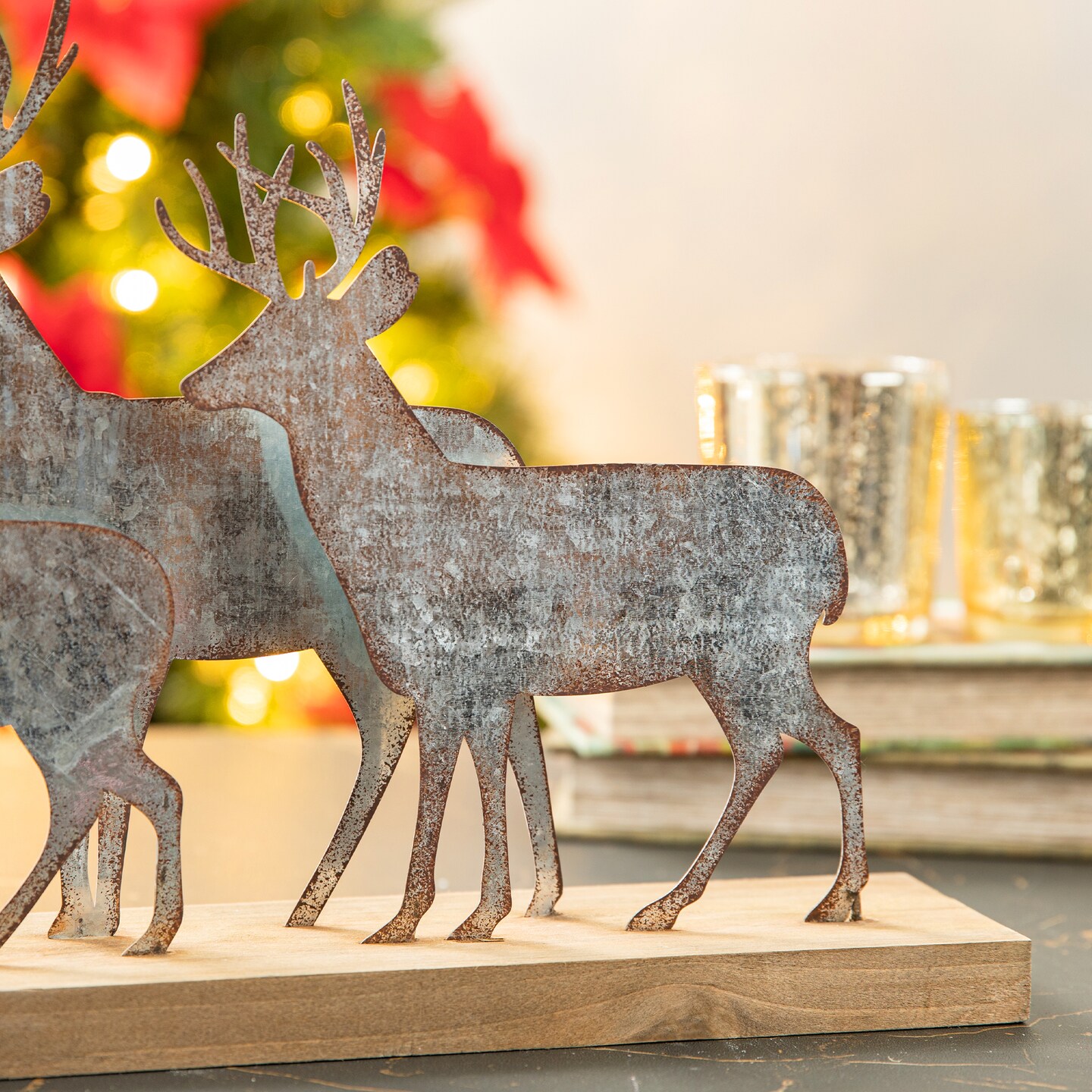 13.25&#x22;L Galvanized Metal/Wooden Reindeer Table D&#xE9;cor