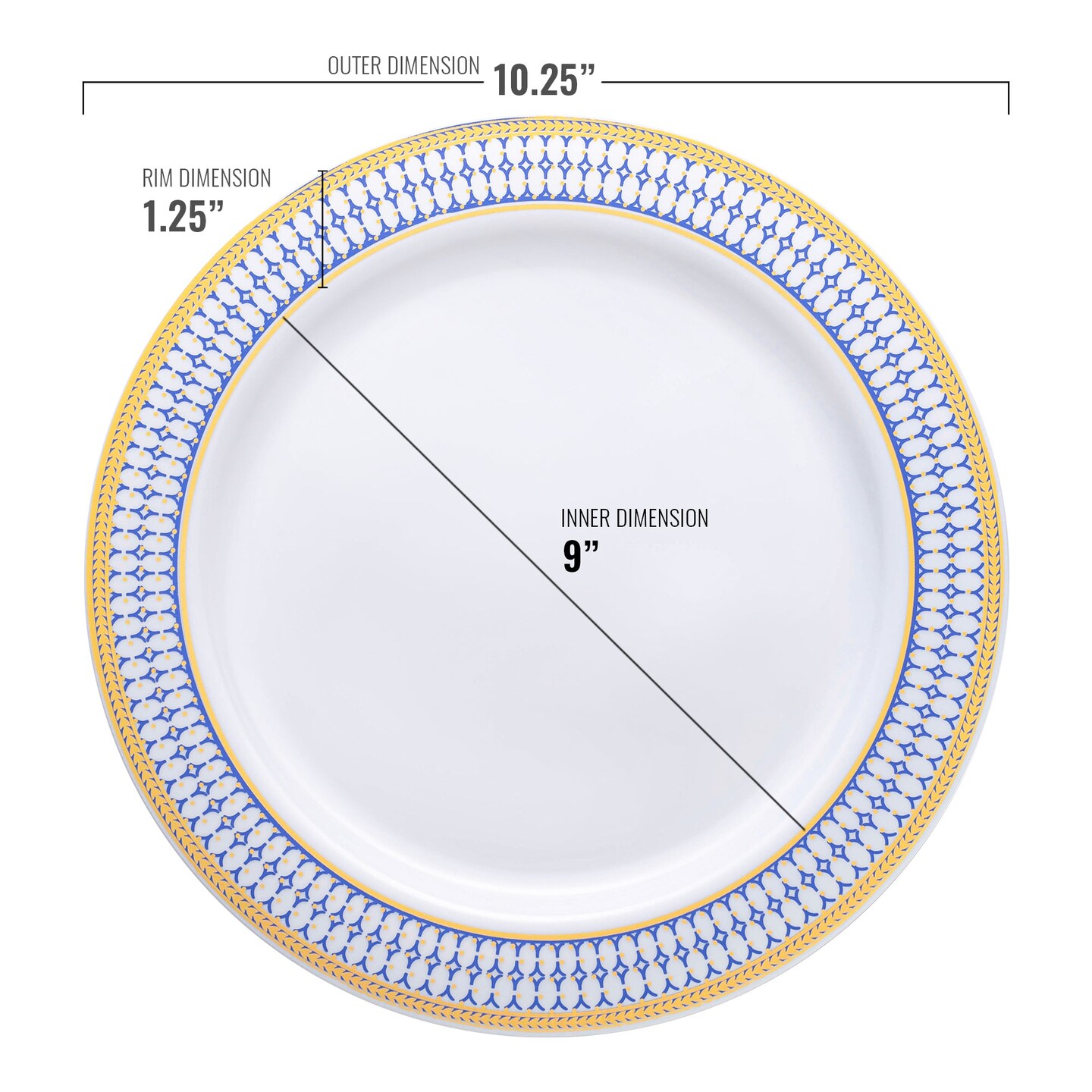 White with Blue and Gold Chord Rim Plastic Dinner Plates - 10.25" (120 Plates)