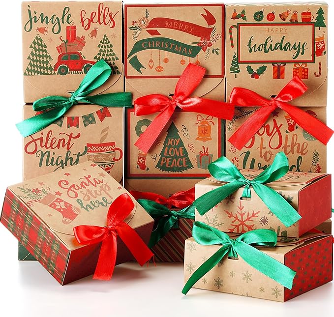 36 Pcs Christmas Kraft Gift Boxes with Lids Bulk Small Gift Boxes for Christmas Presents with Bow Empty Bridesmaid Boxes for Xmas Proposal Holiday Gift Packaging(Kraft Color,Classic Style)