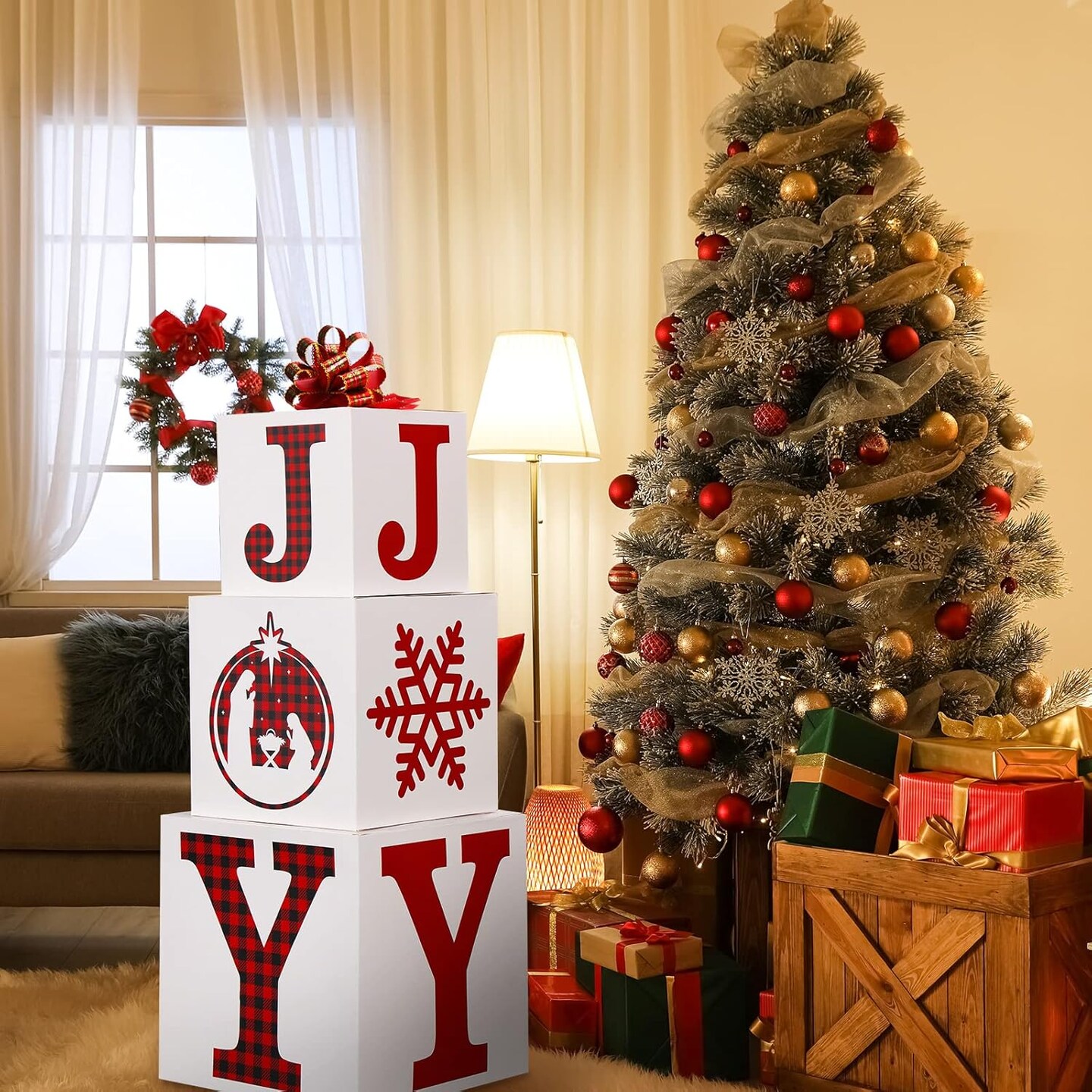 4 Pieces Christmas Nesting Gift Box Christmas Stackable Box Large Joy Christmas Boxes for Present Xmas Stacking Gift Box Decorations for Christmas Wrapping Party Favor