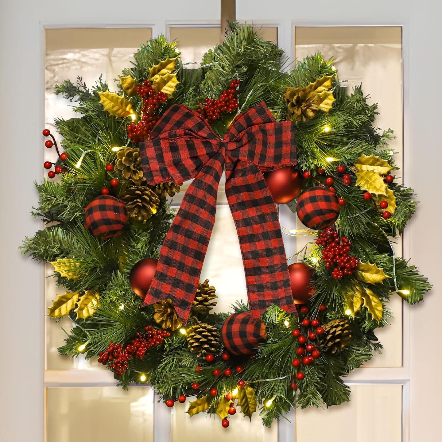 Christmas Wreaths with Lights,Green Christmas Door Wreath with Pine Branch,Christmas Ball Ornaments,Bows,Pine Cones,Berry for Christmas Indoor and Outdoor Decoration