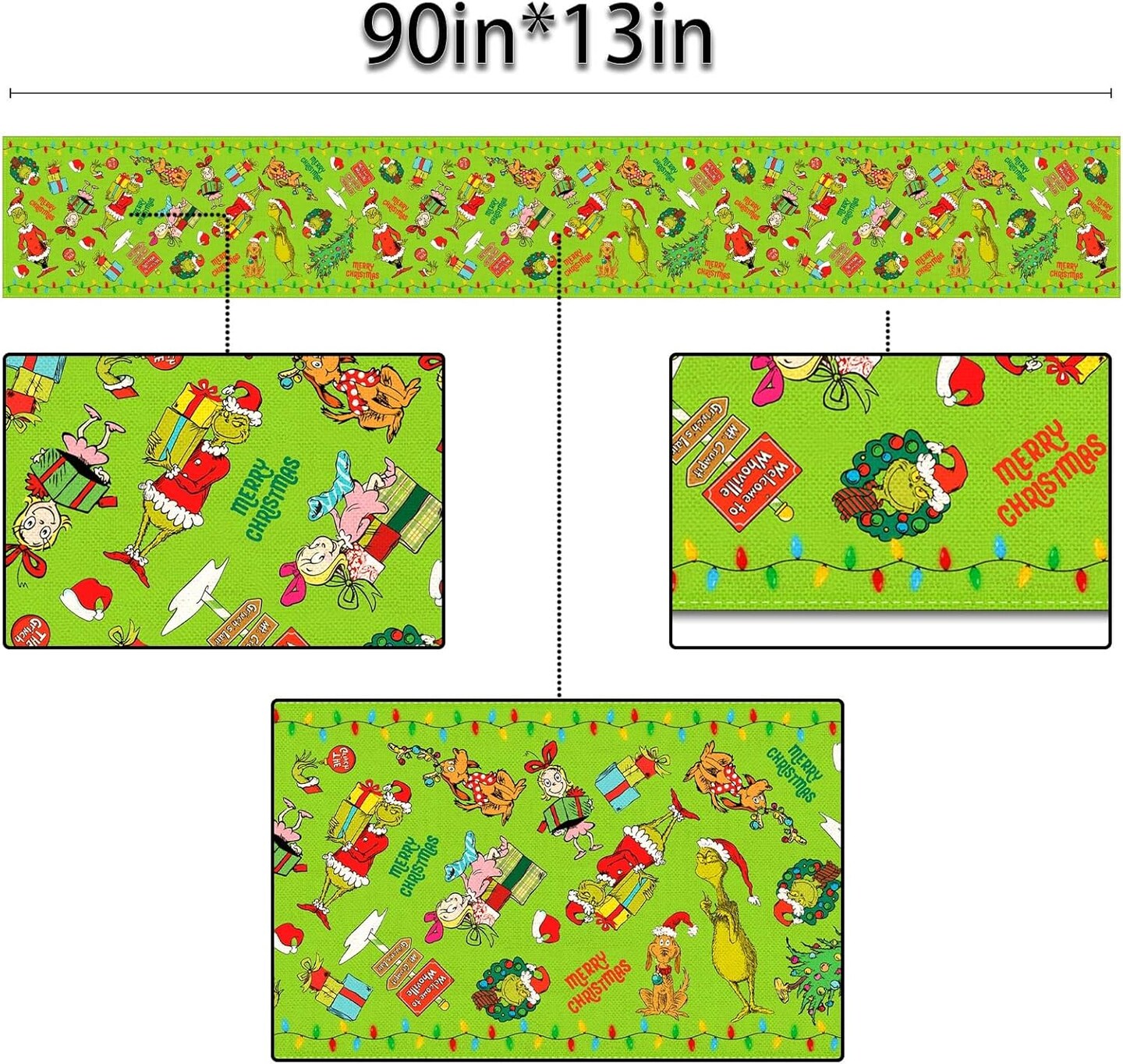 Merry Christmas Table Runner Whoville Christmas Xmas Winter Holiday Season Party Decorations Kitchen Fireplace Dining Room Home Decor (Green, 13&#x22; x 90&#x22;)