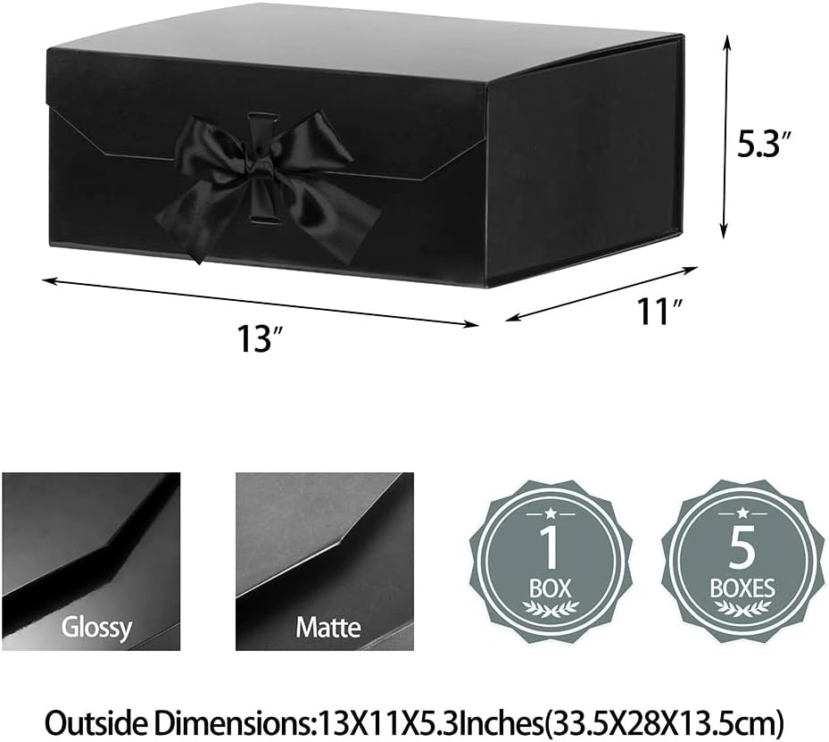 Black Large Gift Box 13x11x5.3 Inches, Gift Box with Ribbon, Gift Wrap Box with Lid Magnetic Closure, Christmas Gift Box, Rectangle Collapsible Gift Boxes for Men Shoes (Glossy Black)