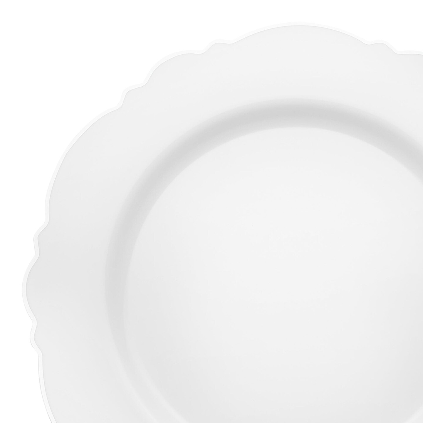 White with Silver Rim Round Blossom Disposable Plastic Dinner Plates - 10.25" (120 Plates)