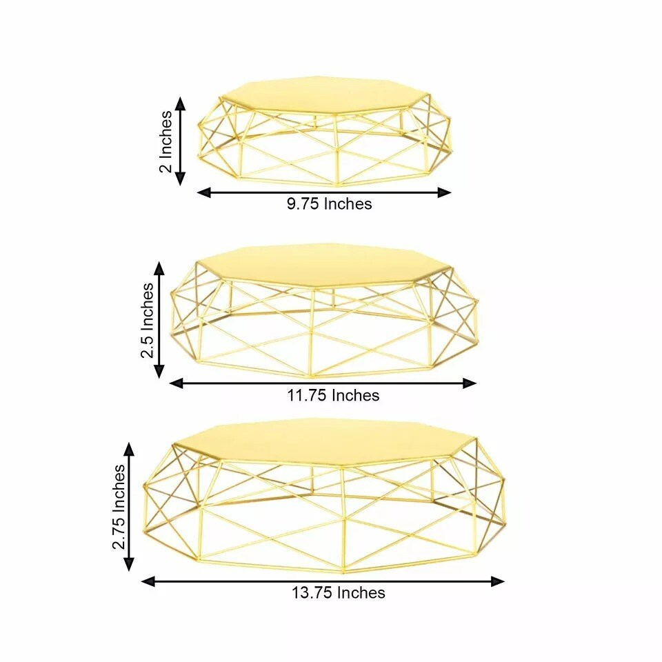 3 Gold Geometric Octagon Metal CAKE STAND Dessert Display Riser Party Supplies