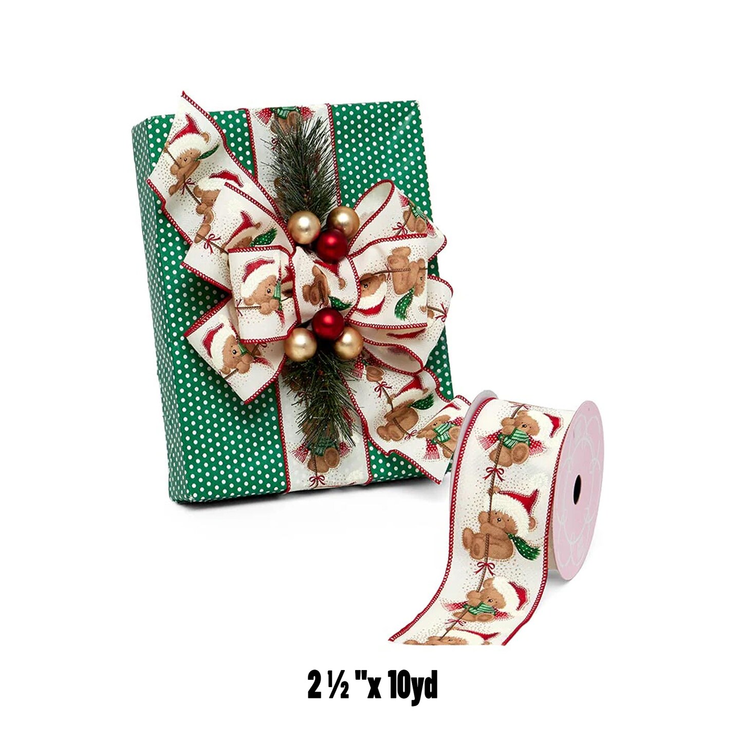 Christmas Bears Natural Wired Ribbon 2.5&#x22; x 10 Yards