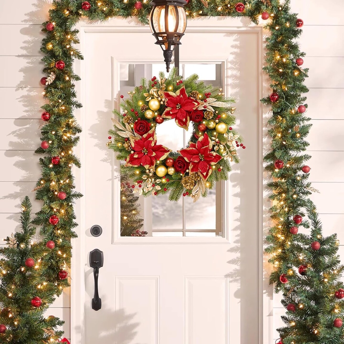 Christmas Wreaths for Front Door,22In Christmas Wreaths Decorations with Lights,Christmas Balls, Pine Cones, Golden Twigs, Pine Needles for Door Window Outdoor Home Decoration