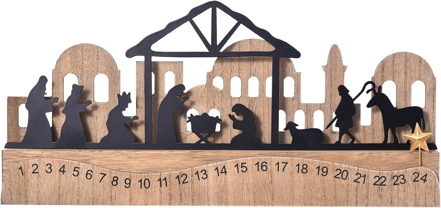 Nativity Sets for Christmas Countdown Calendar, Indoor Rustic Nativity Christmas Decor with Wooden Base 3D Design, Xmas Manger Nativity Scene for Tabletop Office Shelf Mantel Decoration (Black)