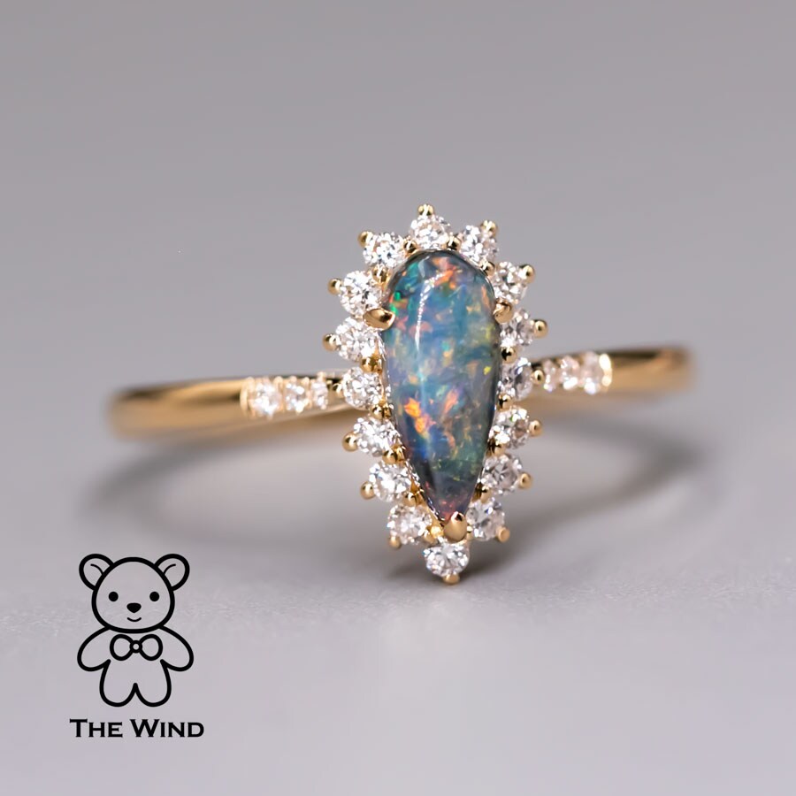 Australian Black Opal Halo Diamond Engagement Ring 18K Yellow Gold product 2