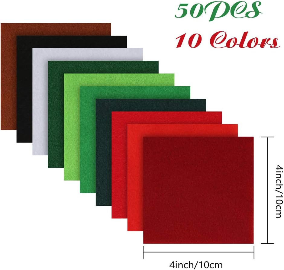 50 Pieces Soft Christmas Felt Fabric Sheets, 4 by 4inch, 1.4mm Thick Multi-Purpose for DIY Art Making and Christmas Decorations, 10 Colors