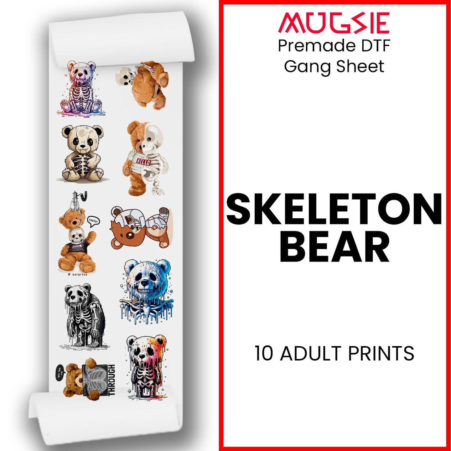 Skeleton Bear DTF Transfer 22x60 Direct-to-Film Gang Sheets Iron On Transfers - 10 Adult Prints