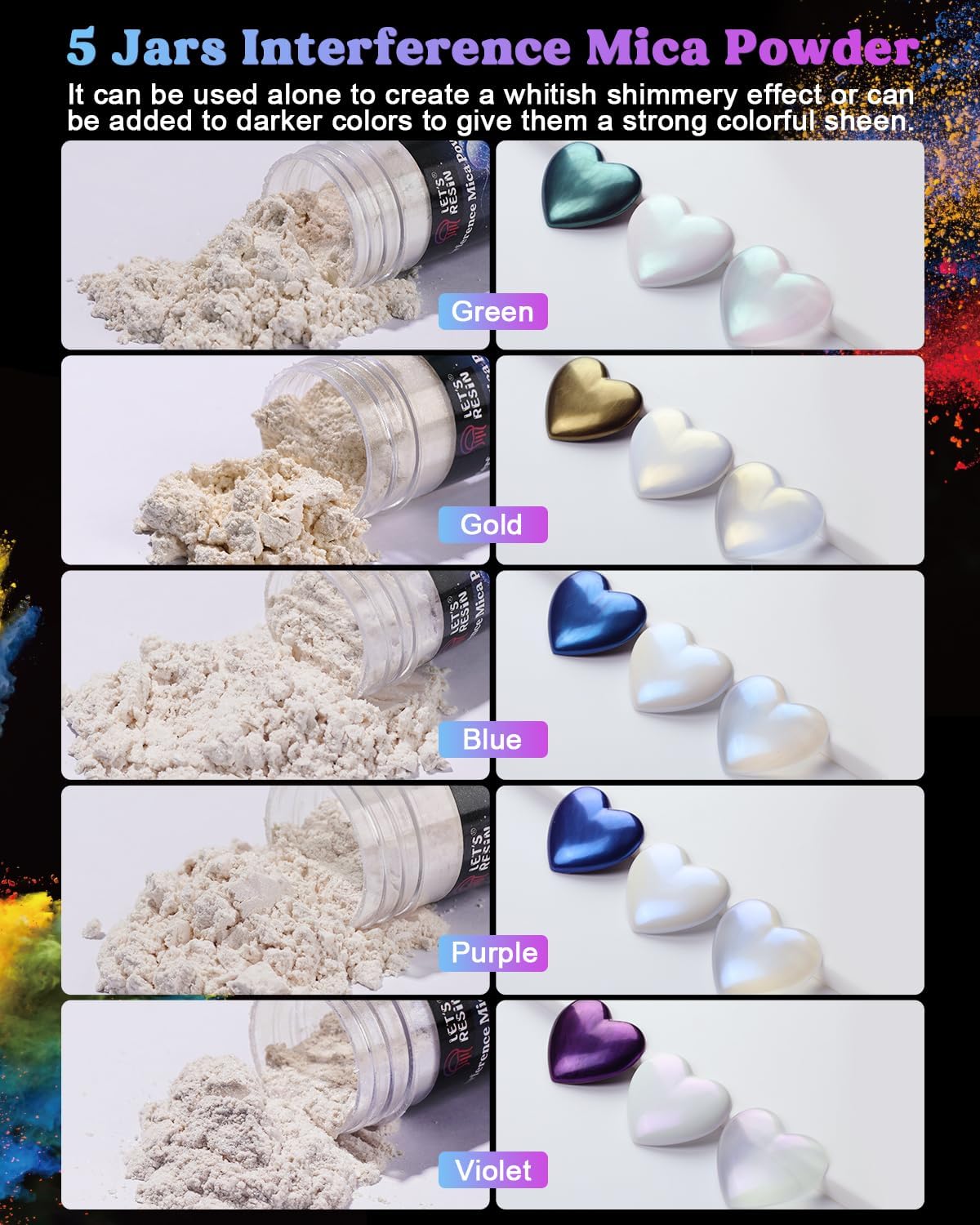 LET&#x27;S RESIN 60 Colors Mica Powder,Natural Pearlescent Pigment Powder for Epoxy Resin/UV Resin for Candle Making, Resin Dye, Painting, Bath Bombs, Art Crafts