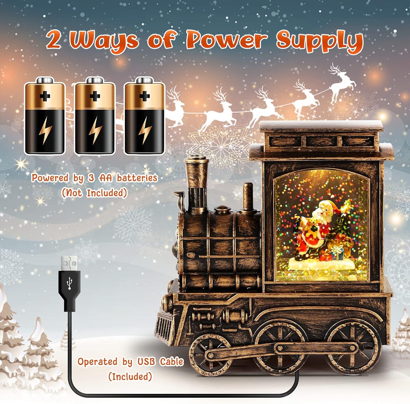 Christmas Snow Globes, Vintage Musical Christmas Snow Globe Lantern with Snowflake Projection, Lighted Christmas Train Snow Globe with Santa Water Swirling Glitter and 6H Timer, Xmas Gift