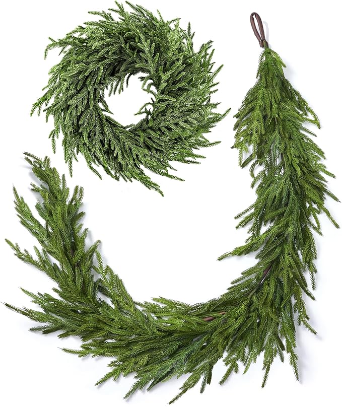 Real Touch Norfolk Pine Christmas Garland and Wreath Set, 24IN Green Wreath and Christmas Garland Artificial Faux Greenery Norfolk Pine for Holiday Indoor Mantle Decor (6FT - 24IN)