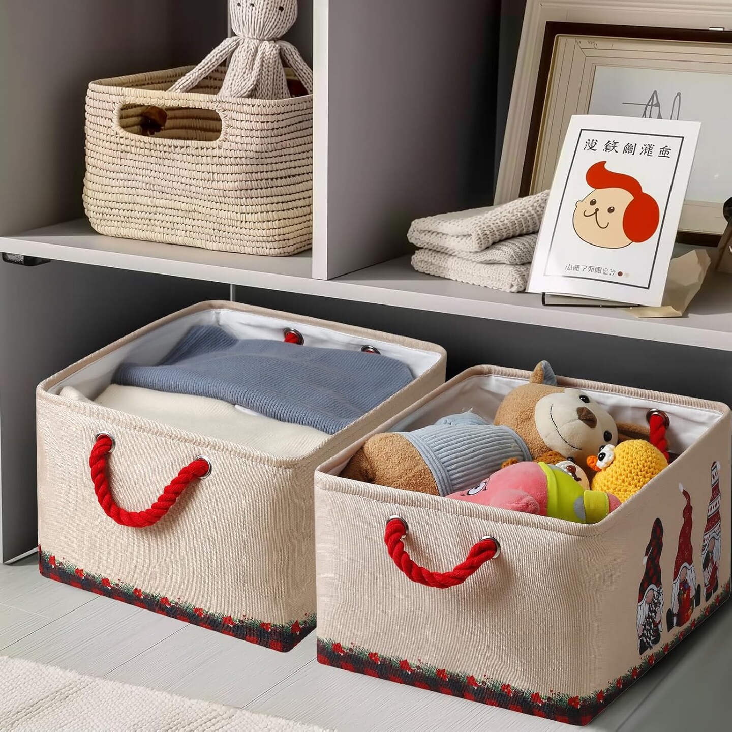 Christmas Basket for Gifts Empty - 3 Pack Large 15.7x11.8x8.2 inch Fabric Storage Basket for Organizing, Beige Snowman Design Fabric Storage Cubes for Nursery Play Room